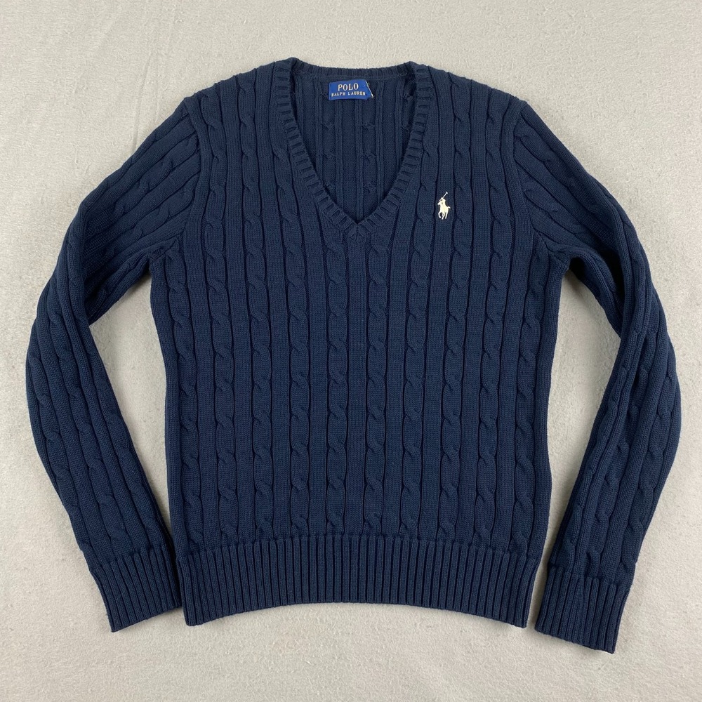 Polo Ralph Lauren Womens Cable Knit Sweater M Long Sleeve V neck Preppy pony